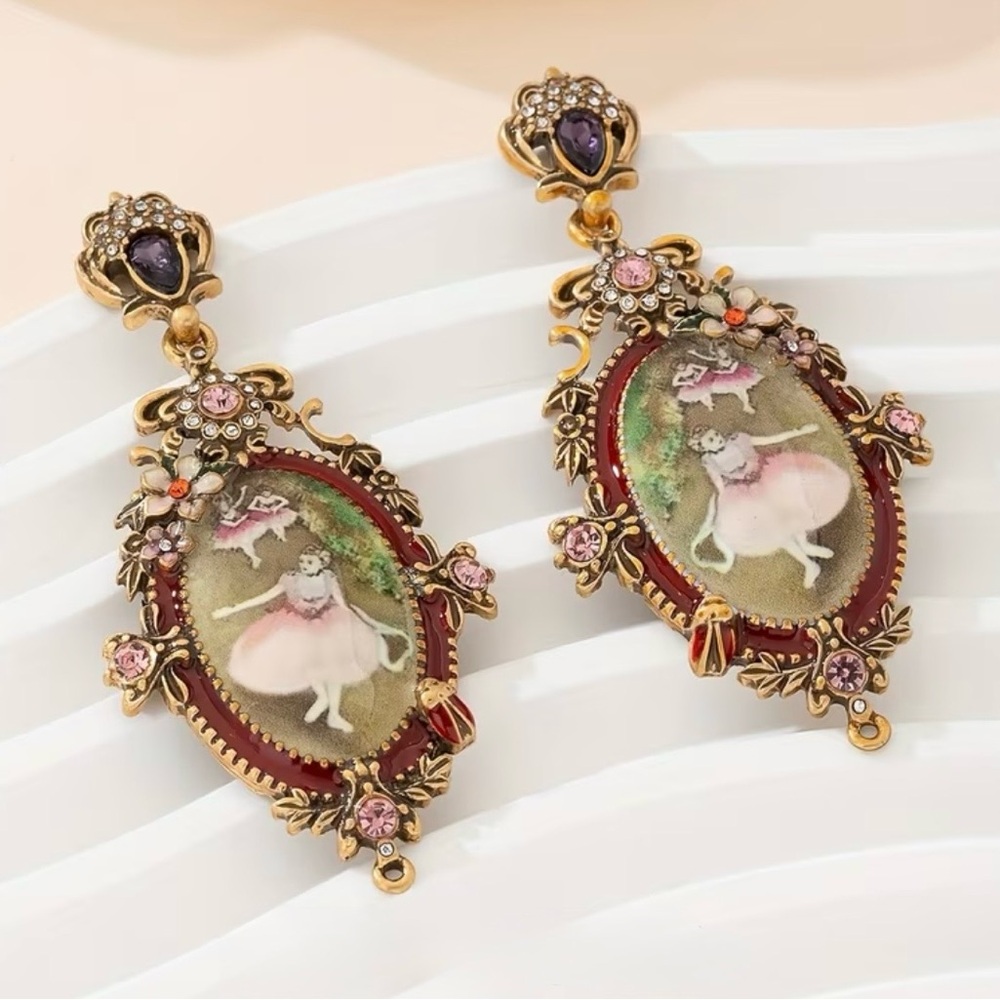 Vintage-Inspired Gold and Red Ballerina Earrings